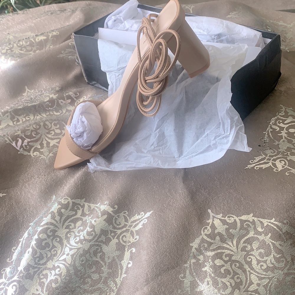 Nude square toe lace up block heel sandal